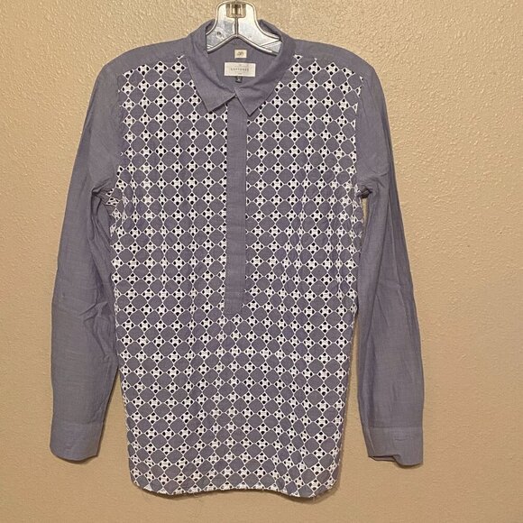 Ann Taylor LOFT The Softened Shirt (M) Popover Top Eyelet Lace Chambray Preppy - Picture 1 of 9